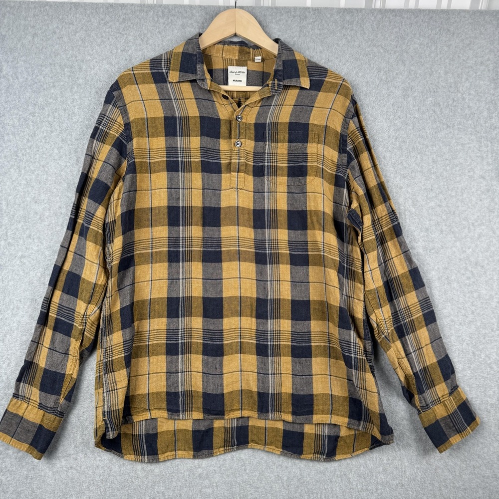 Murano Baird McNutt Linen Shirt Mens Medium Yellow Plaid Roll Tab Long Sleeve